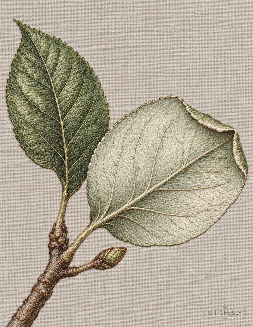 The Orchard Between Stitches, Study 44, The Broad Reverse: illustrated embroidery interpretation showing thread texture, stitch direction and the matching botanical composition.