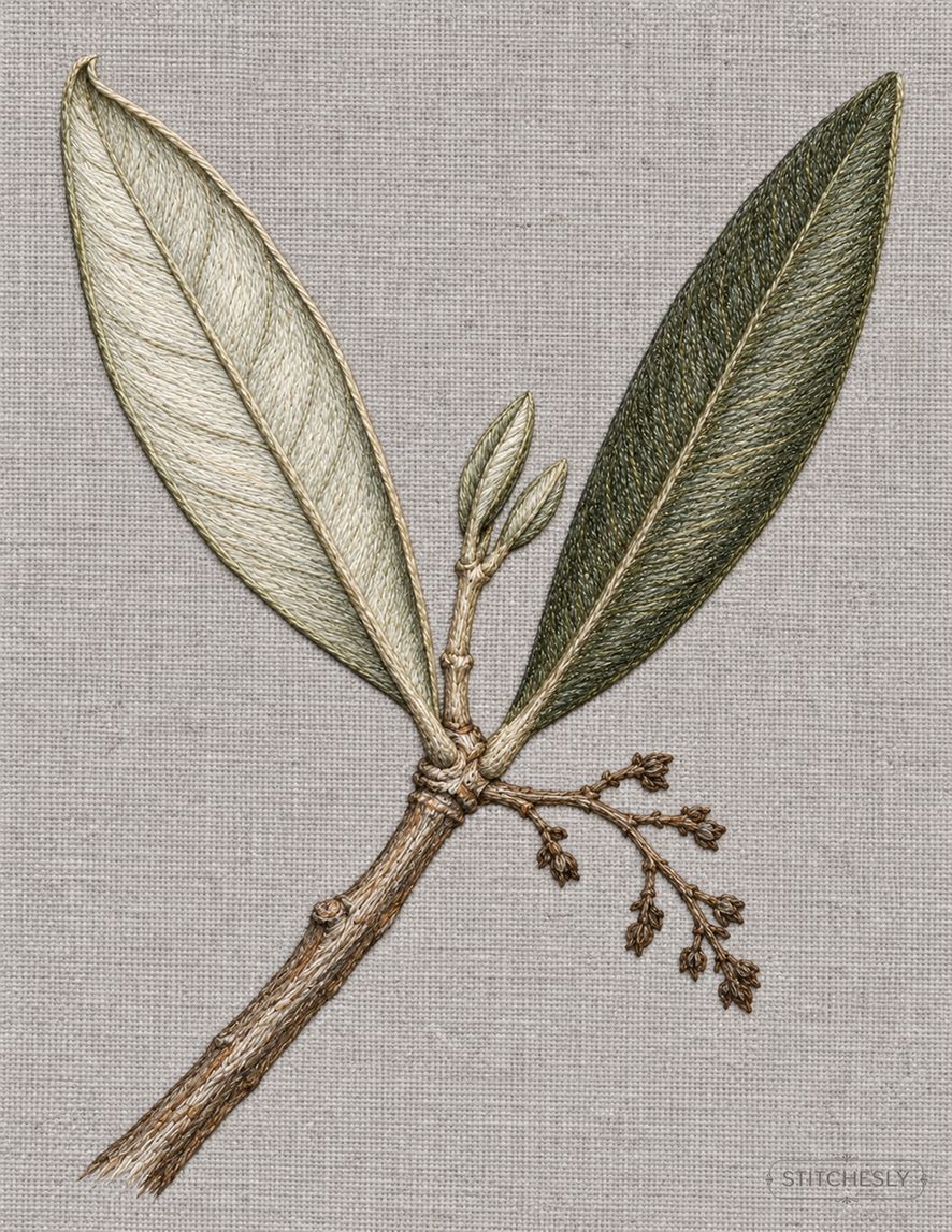 The Orchard Between Stitches, Study 47, The Opposite Pair: illustrated embroidery interpretation showing thread texture, stitch direction and the matching botanical composition.