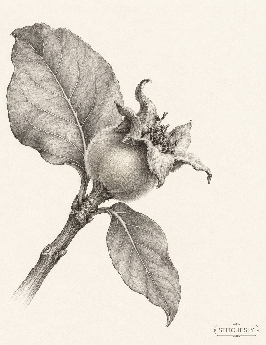 The Orchard Between Stitches, Study 51, A Fruitlet Beneath Its Calyx: botanical drawing with the complete branch composition.