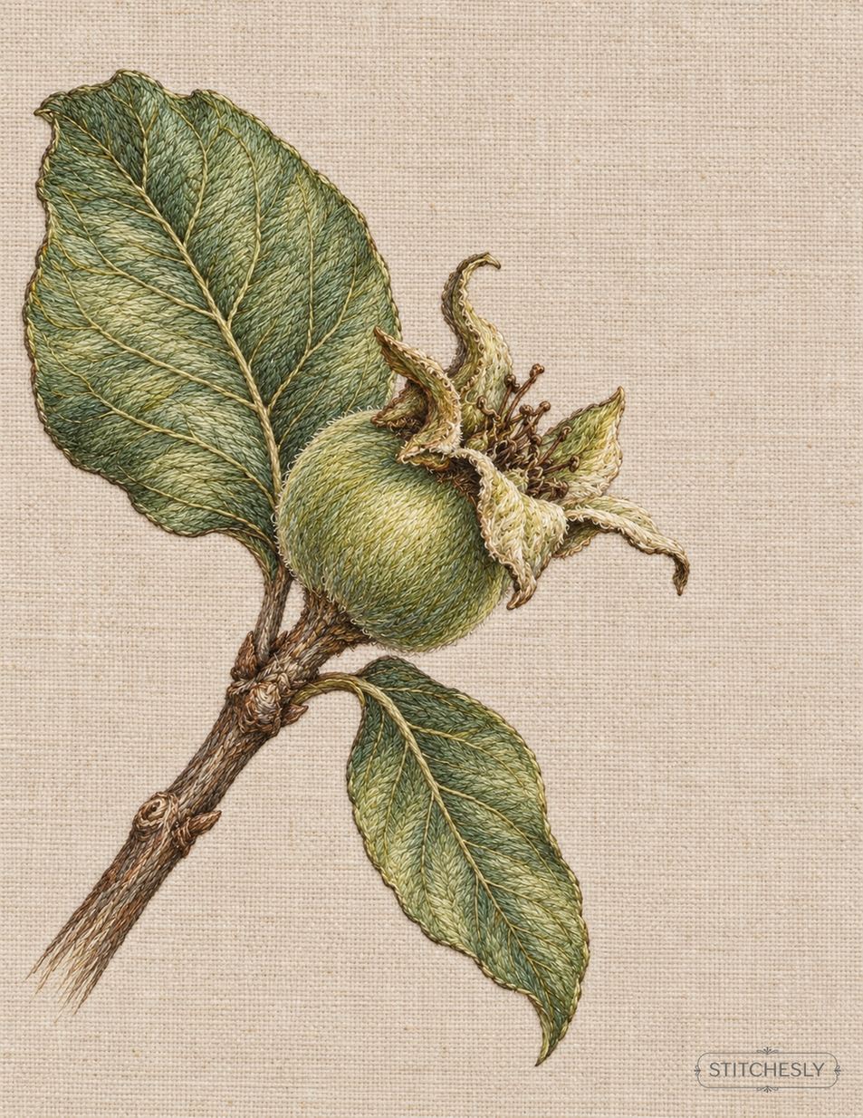 The Orchard Between Stitches, Study 51, A Fruitlet Beneath Its Calyx: illustrated embroidery interpretation showing thread texture, stitch direction and the matching botanical composition.