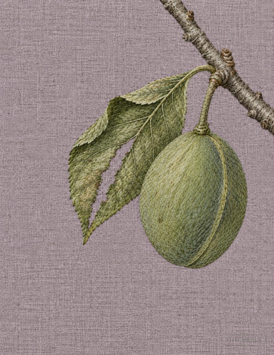 The Orchard Between Stitches, Study 55, The Split Leaf Beside the Fruit: illustrated embroidery interpretation showing thread texture, stitch direction and the matching botanical composition.