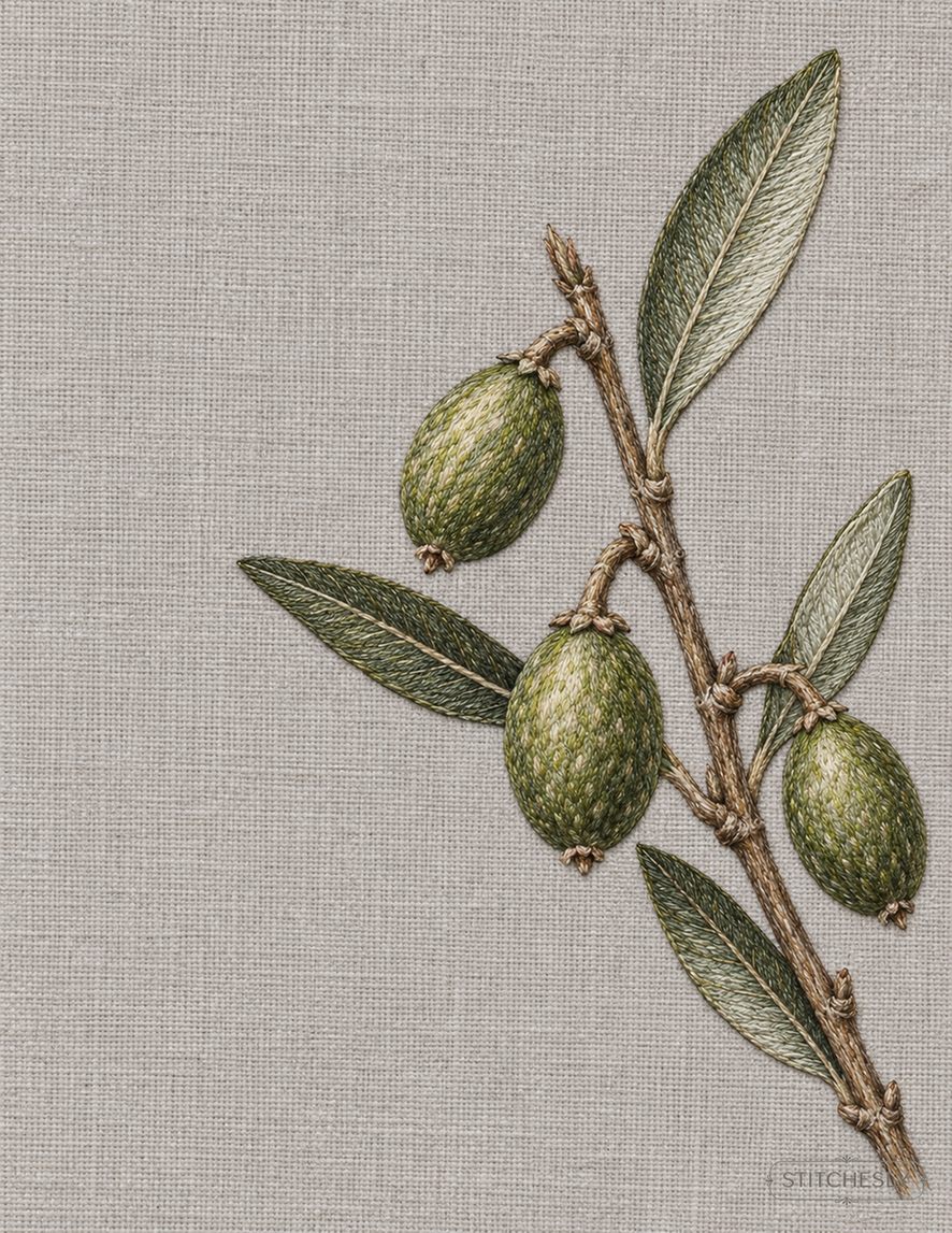The Orchard Between Stitches, Study 57, Three Green Drupes: illustrated embroidery interpretation showing thread texture, stitch direction and the matching botanical composition.