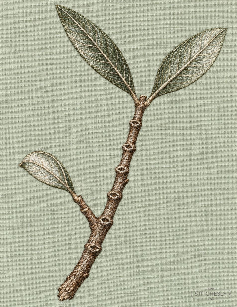The Orchard Between Stitches, Study 67, Six Empty Sockets: illustrated embroidery interpretation showing thread texture, stitch direction and the matching botanical composition.