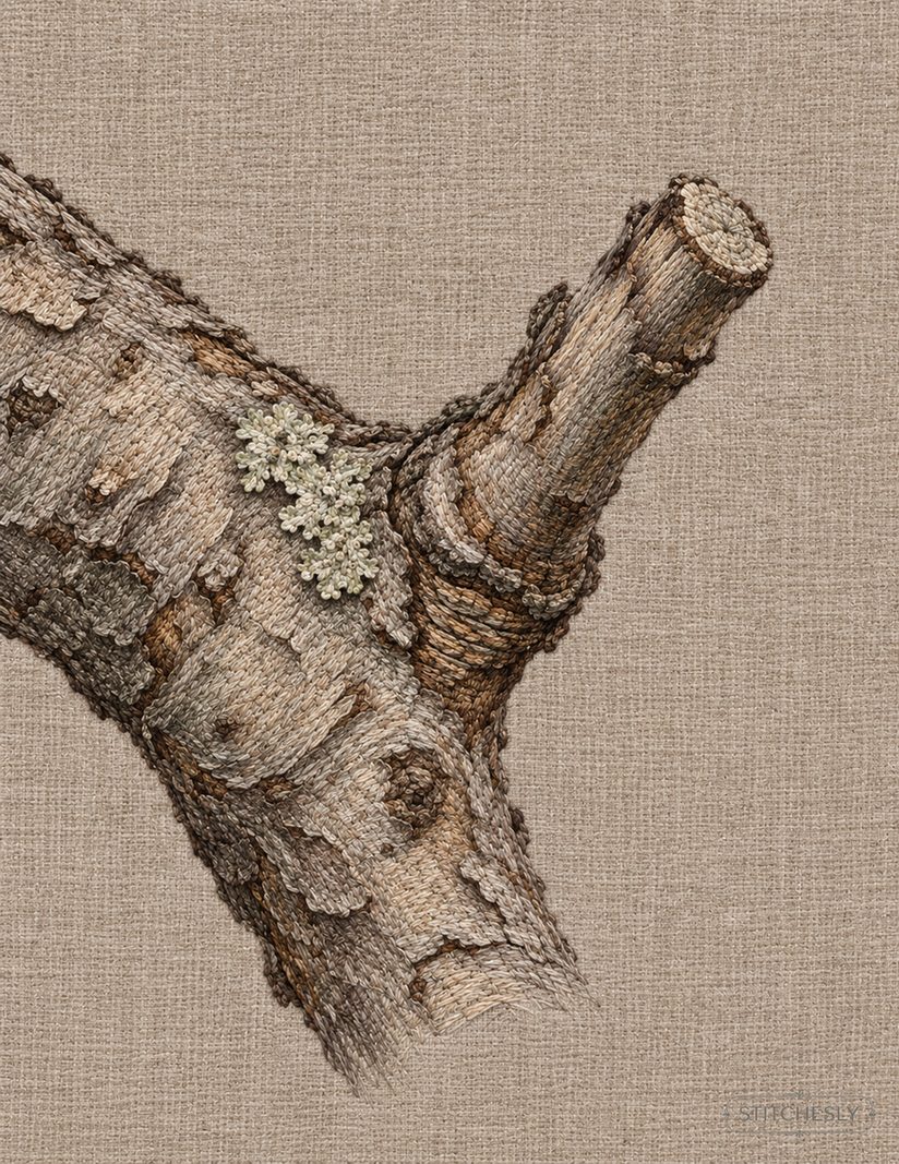 The Orchard Between Stitches, Study 71, Lichen Beside the Blunt Spur: illustrated embroidery interpretation showing thread texture, stitch direction and the matching botanical composition.