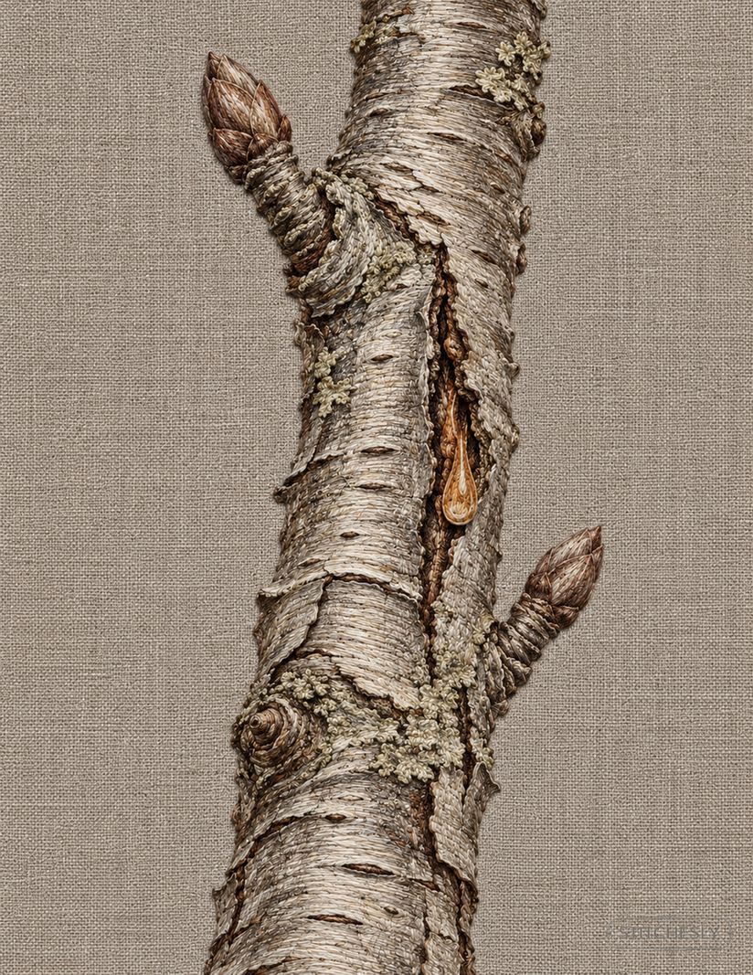 The Orchard Between Stitches, Study 76, A Tear Along the Fissure: illustrated embroidery interpretation showing thread texture, stitch direction and the matching botanical composition.
