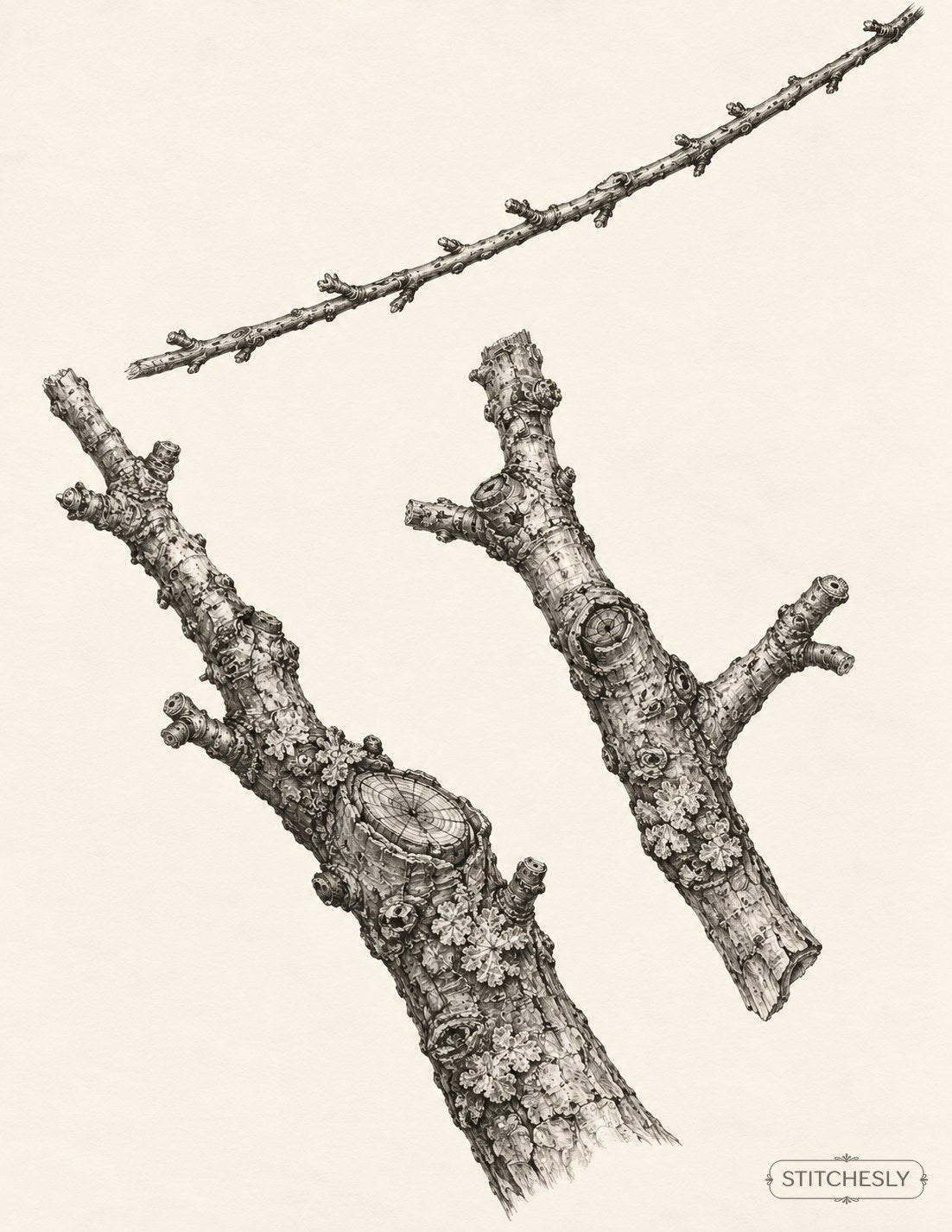 The Orchard Between Stitches, Study 79, Three Pieces of Old Wood: botanical drawing with the complete branch composition.