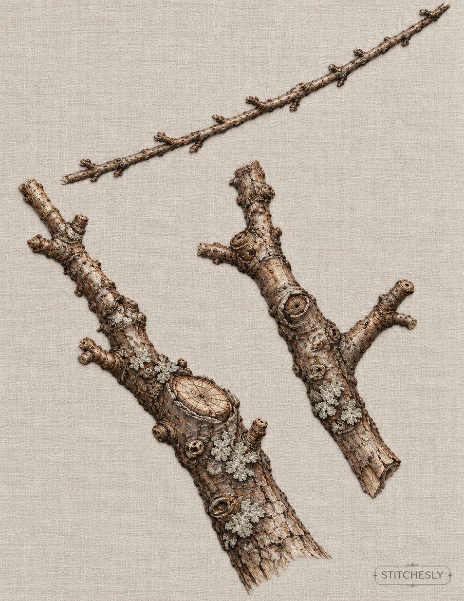 The Orchard Between Stitches, Study 79, Three Pieces of Old Wood: illustrated embroidery interpretation showing thread texture, stitch direction and the matching botanical composition.