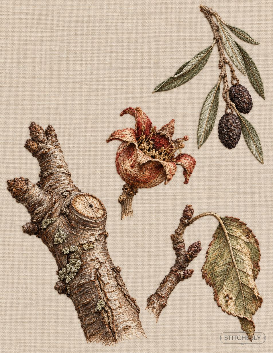 The Orchard Between Stitches, Study 80, Four Fragments at the Close: illustrated embroidery interpretation showing thread texture, stitch direction and the matching botanical composition.