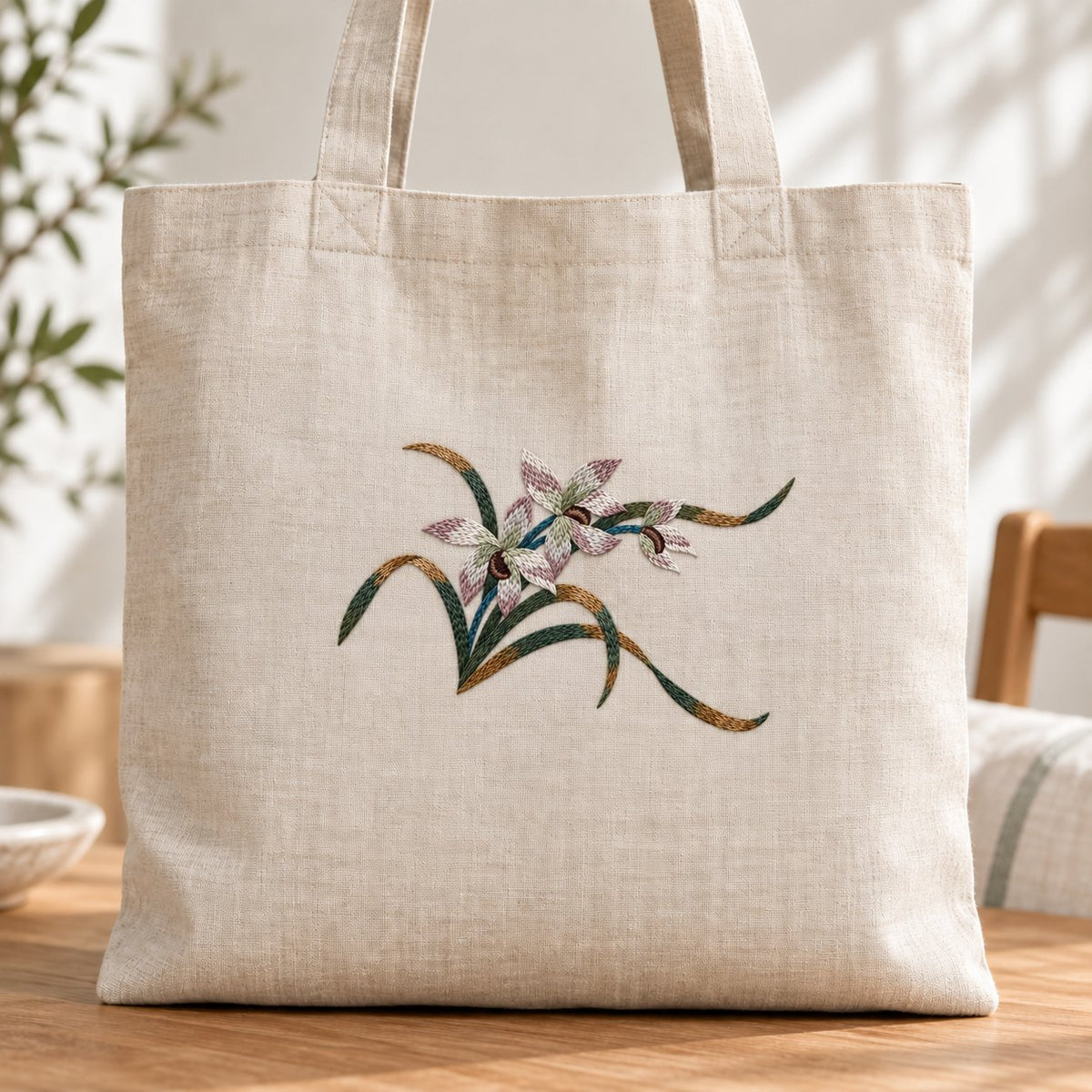 Oatmeal linen tote with a horizontal orchid spray in mauve, parchment, green and muted accent thread colors.
