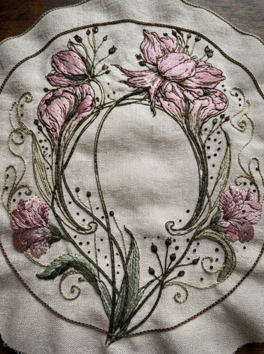 Organic Flower Cartouche Art Nouveau from Art Nouveau Botanical Embroidery Book 4, a digital embroidery design reference for machine embroidery designs, embroidery patterns and frames and monogram spaces.