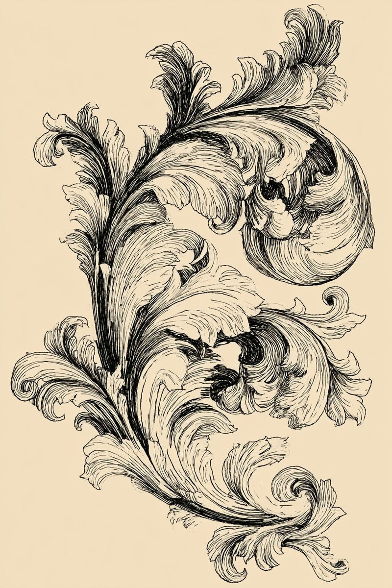 Drawing of a broad acanthus scroll spray with layered curling leaves.