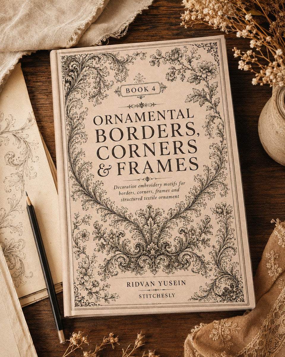 Ornamental Borders, Corners and Frames, Edition Four cover on natural linen beside dried flowers.