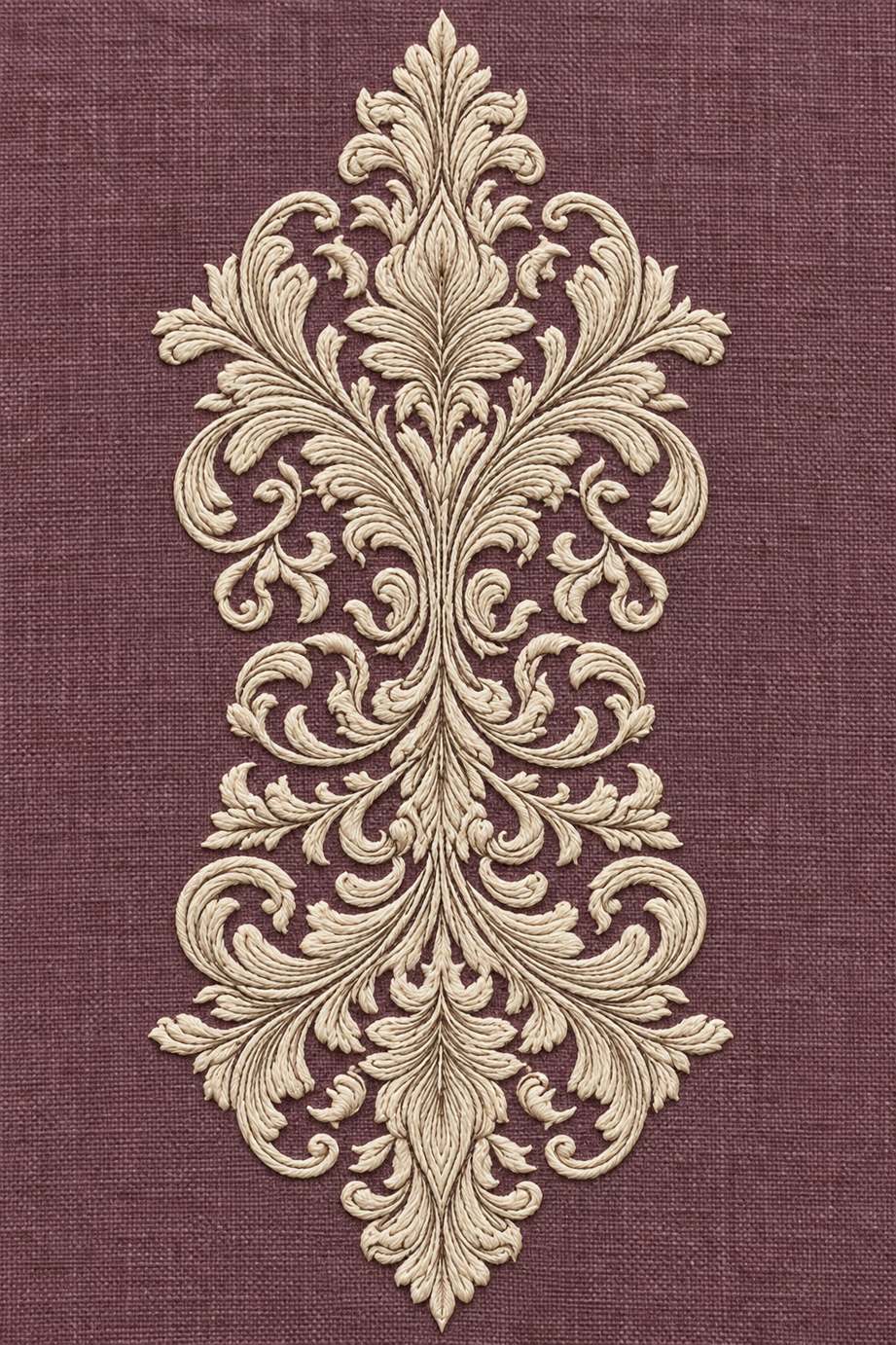 Elongated symmetrical ivory cotton acanthus cartouche with mirrored leaf scrolls and pointed ends on dusty plum linen.