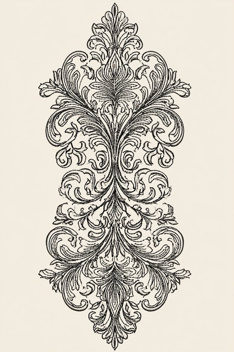 Drawing of an elongated symmetrical acanthus cartouche with curled leaf lobes.