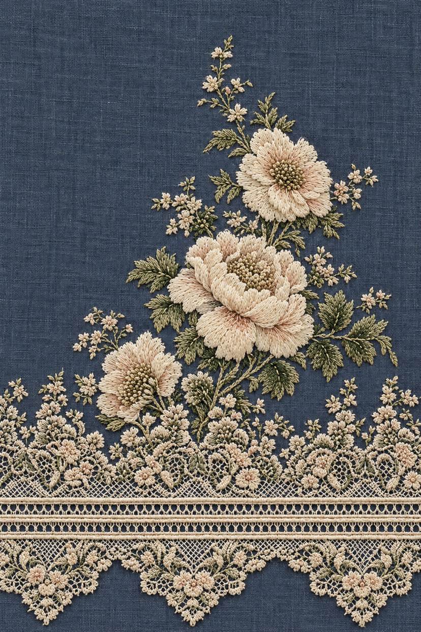 Ivory and pale blush flowers with sage foliage above twin decorative bands and scalloped needlelace pendants on smoky indigo linen.