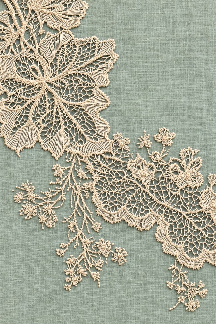 Warm ivory floral needlelace corner with fine organic mesh, scalloped edges and hanging flower sprigs on pale celadon linen.