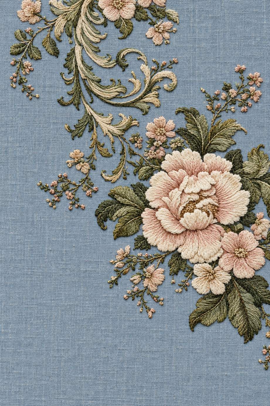 Large ivory and pale blush flower with olive leaves, tiny blossoms and ivory acanthus scrolls on dusty blue linen.