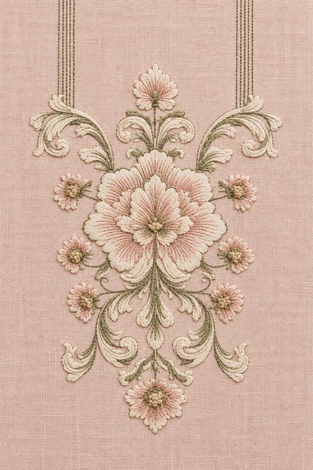 Symmetrical ivory and pale blush floral cartouche with sage scrolls and parallel suspension lines on pale dusty rose linen.