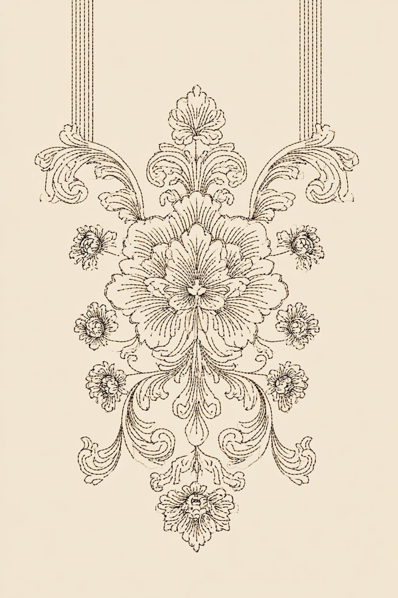Drawing of a hanging floral cartouche with narrow parallel upper bands.
