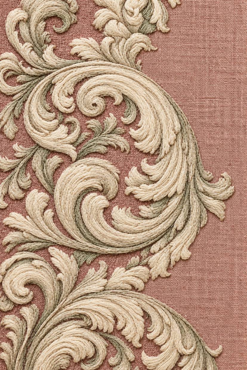 Dense ivory and oat acanthus scroll border with subtle sage fold accents embroidered on dusty rose linen.