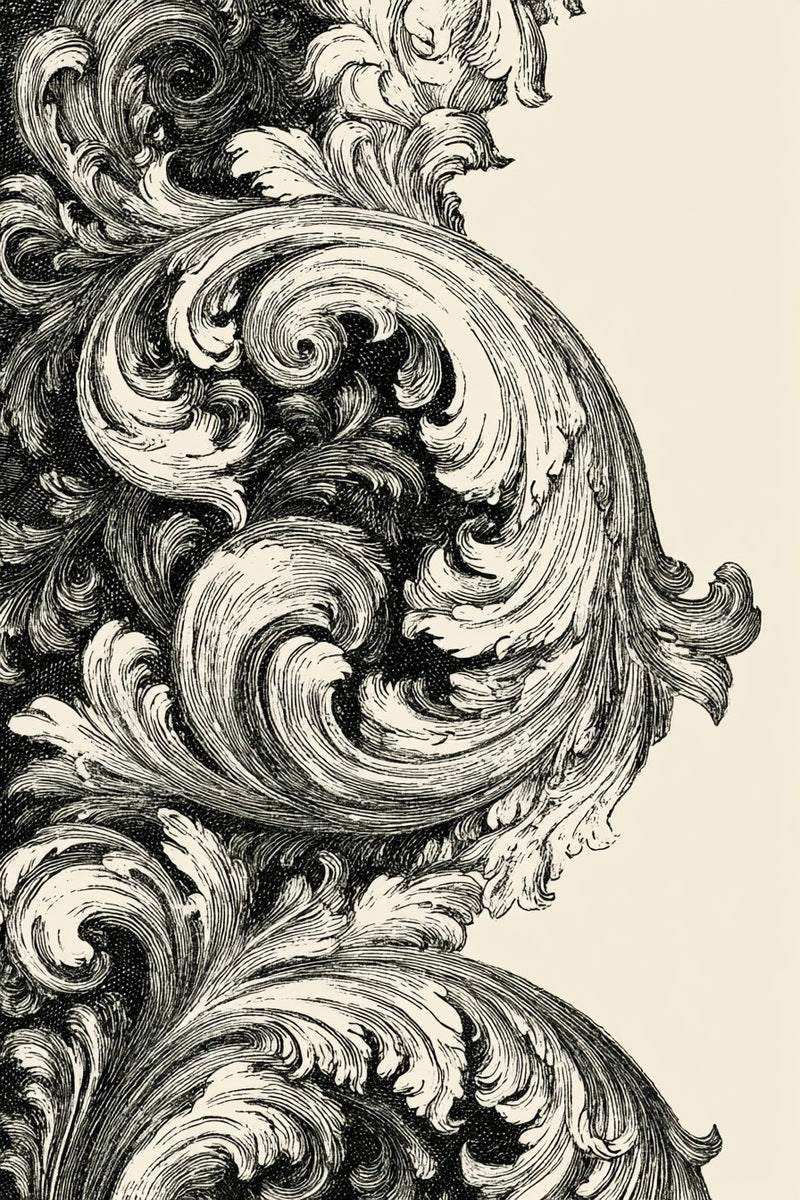 Drawing of a dense vertical acanthus scroll border with layered curled leaves.