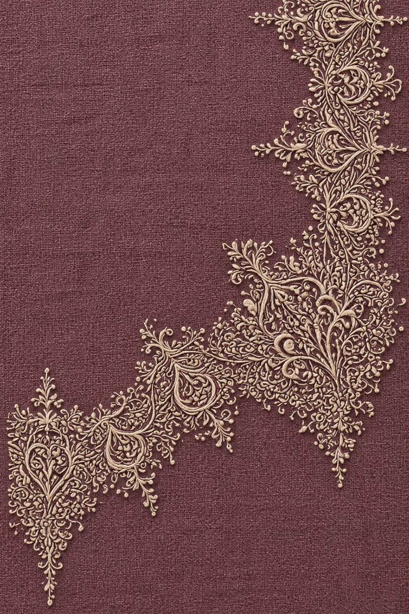 Intricate warm ivory cotton filigree corner border with repeated scroll units and tiny pendant tips on dusty plum linen.