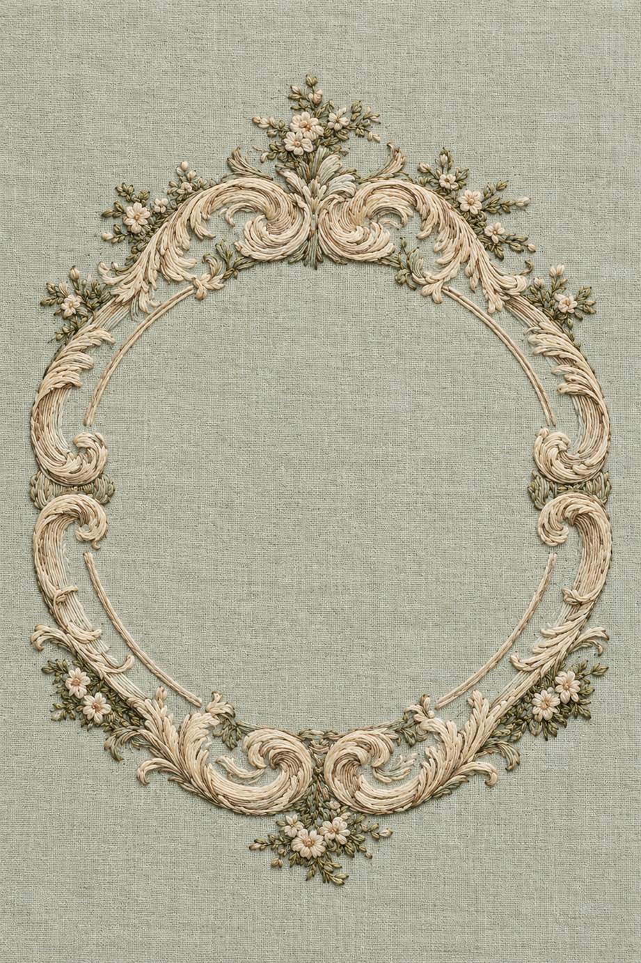 Round ivory and oat acanthus frame with small pale blush flowers and sage foliage embroidered on pale celadon linen.