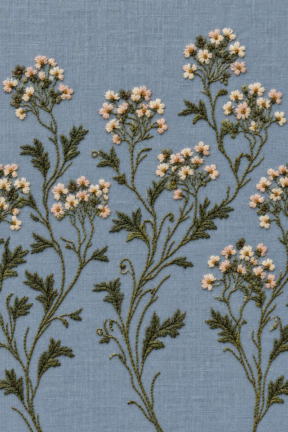 Tiny ivory and pale blush flower clusters on slender olive stems with toothed leaves embroidered on smoky blue linen.