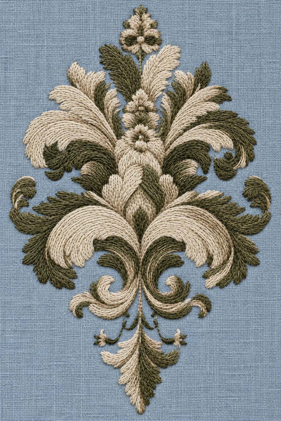 Symmetrical warm ivory and deep olive cotton acanthus fan medallion with mirrored scrolls on powder blue linen.
