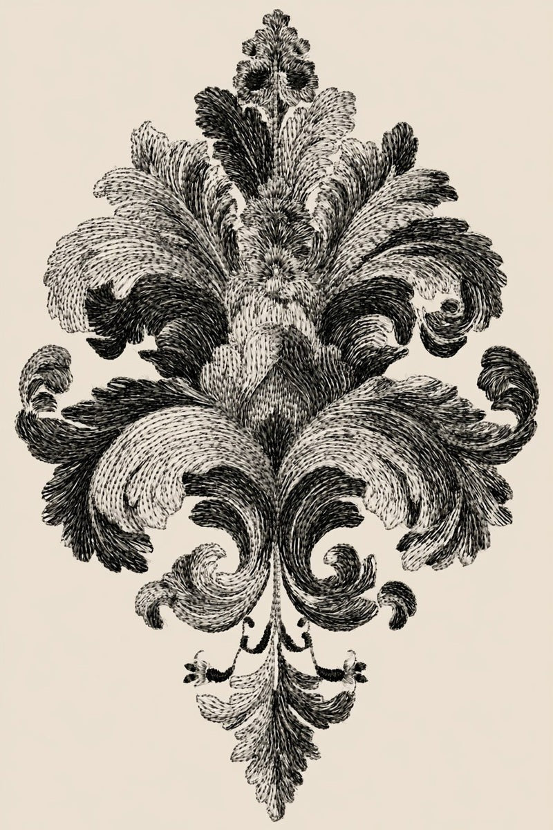 Drawing of a symmetrical acanthus fan medallion with textured leaf lobes.