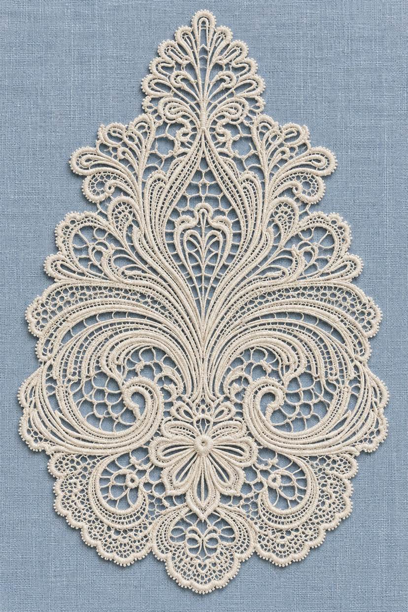 Symmetrical warm ivory cotton needlelace pendant with fine mirrored scrolls, open mesh and a small central flower on powder blue linen.