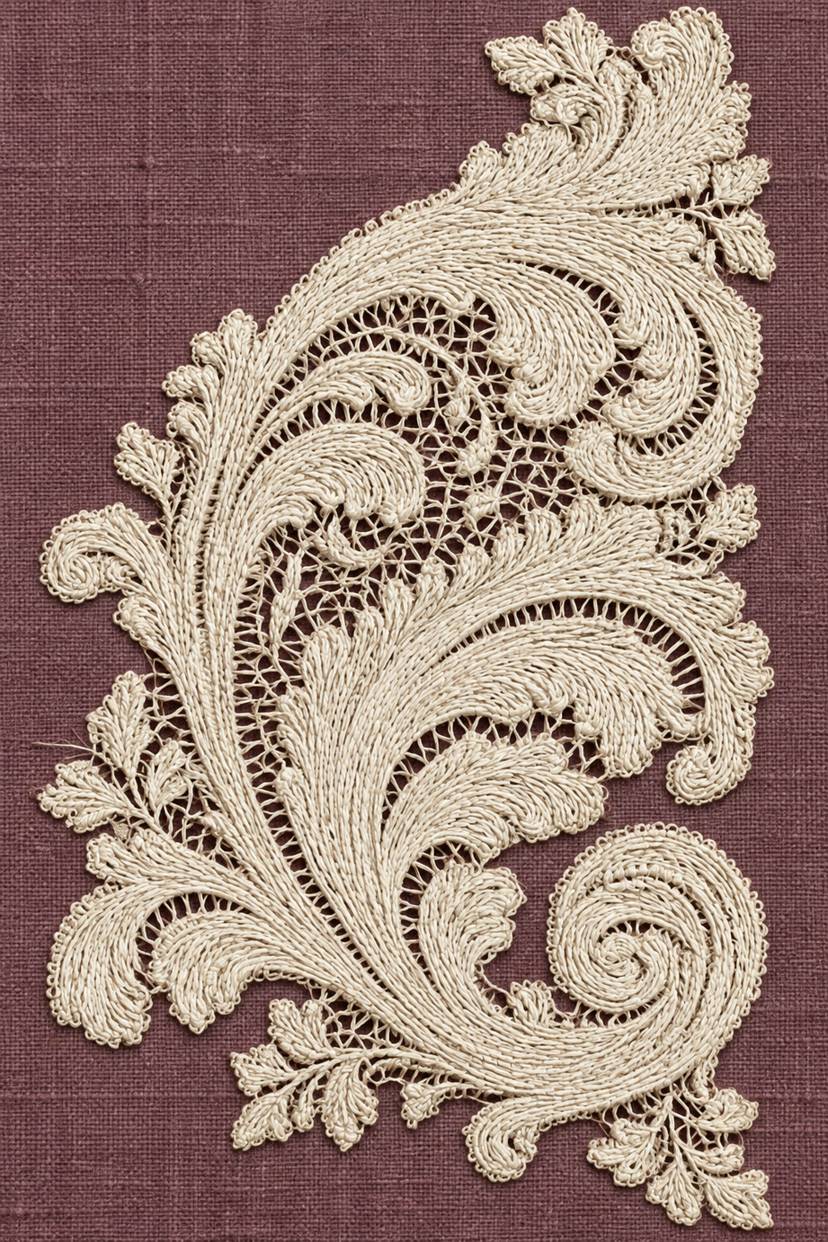 Ivory cotton cutwork acanthus scroll with delicate connected needlelace mesh on muted dusty plum linen.
