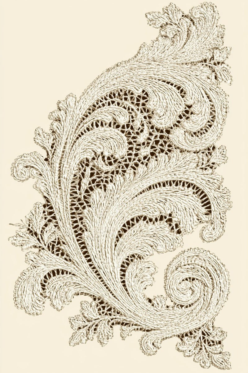 Cutwork lace scroll drawing with curved leaves and delicate openwork details.