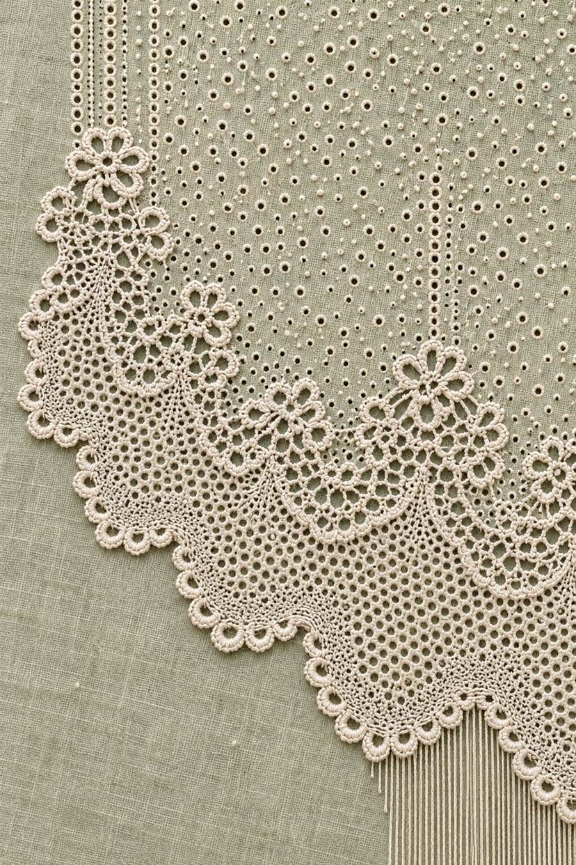 Ivory cotton floral eyelet lace border with scalloped fans and a fine fringe on pale warm sage linen.