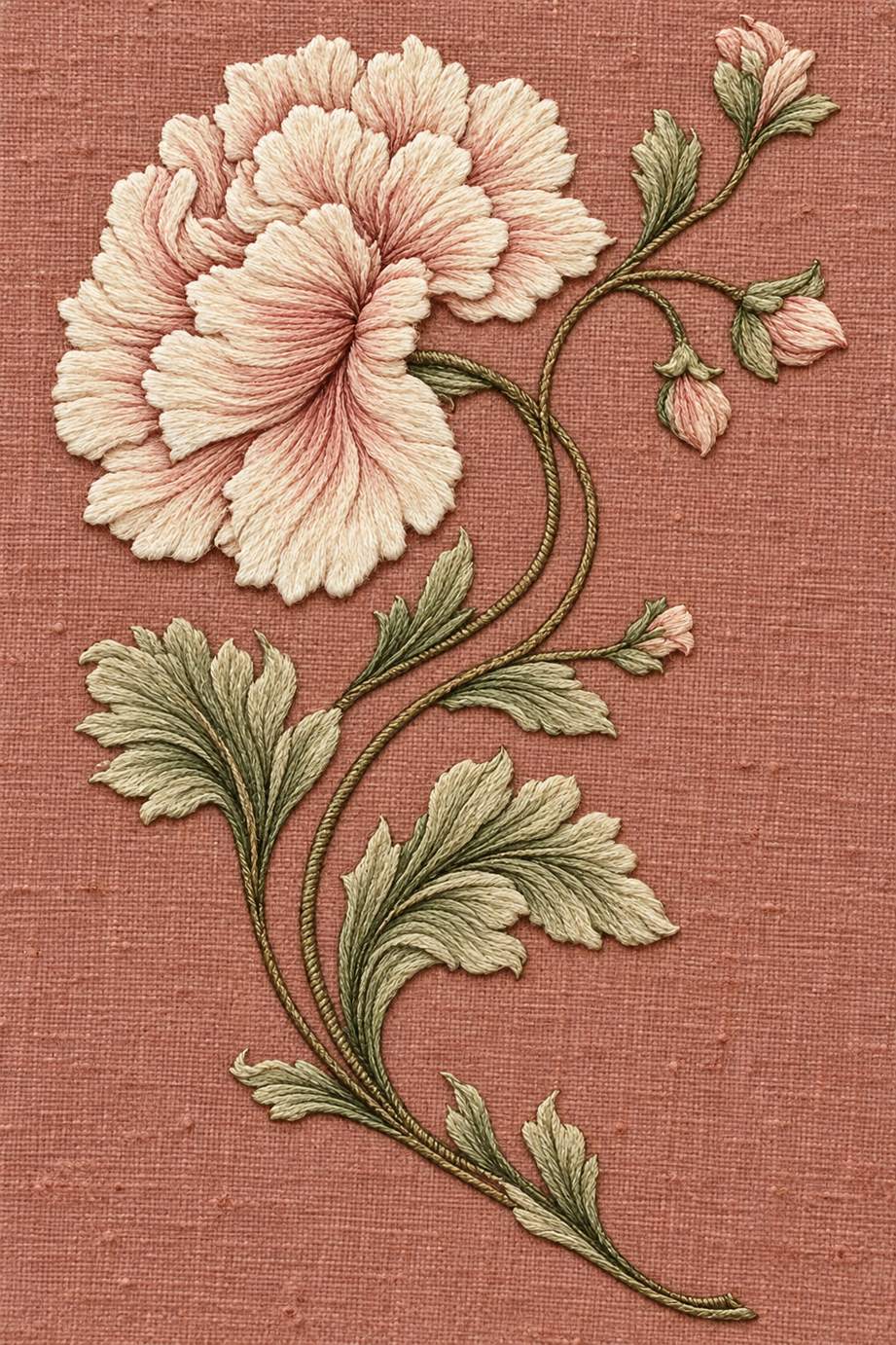 Ivory and dusty blush flower on a flowing olive scroll stem with sage leaves embroidered on warm terracotta rose linen.