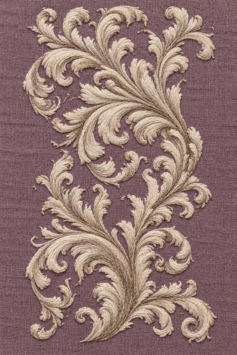 Warm ivory cotton acanthus filigree border with flowing scrolls embroidered on dusty plum linen.