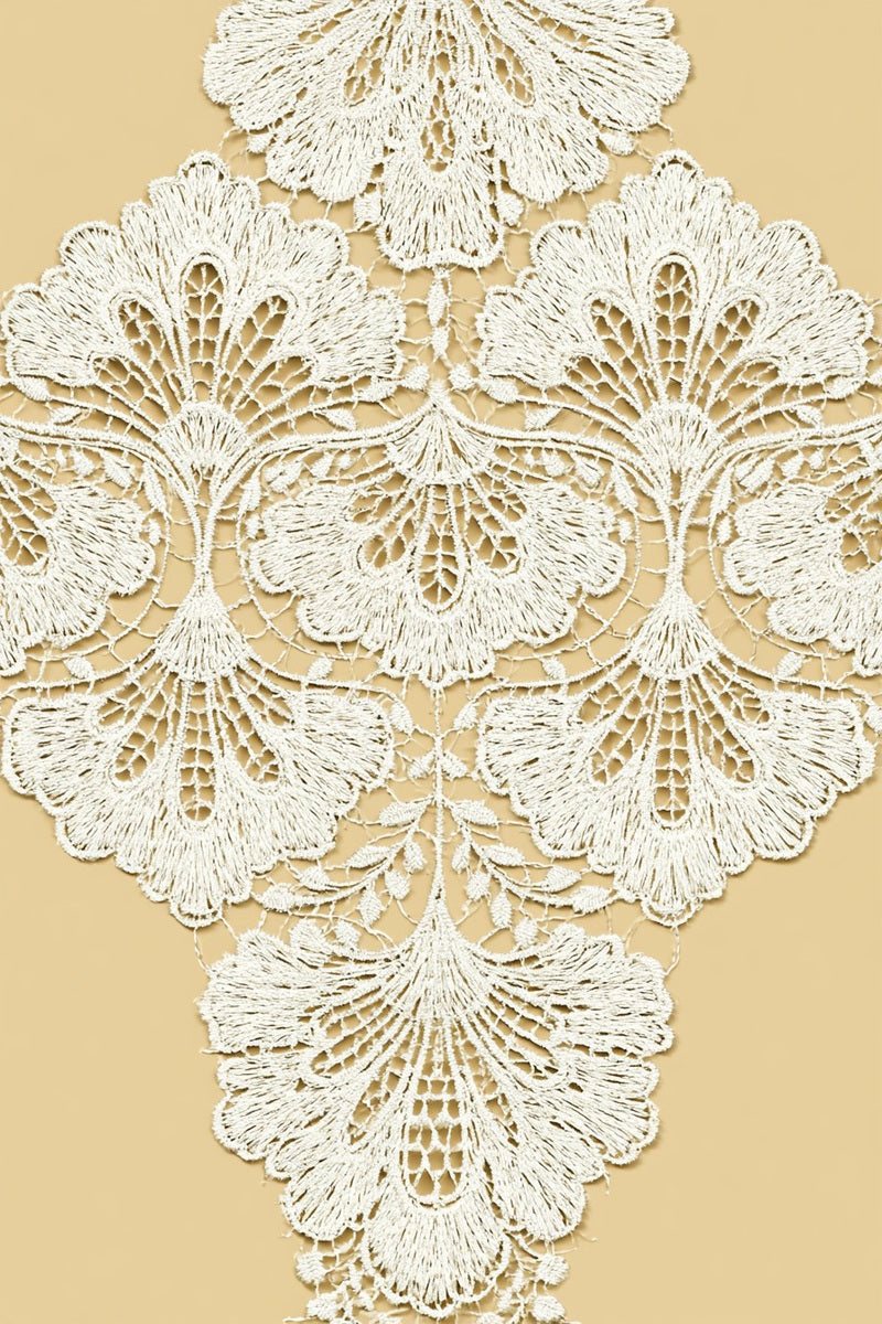 Drawing of a decorative petal lace broderie panel with curved openwork fans.