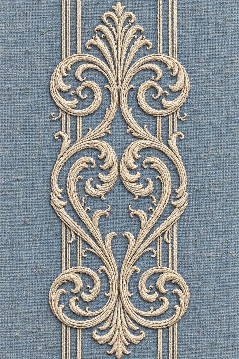 Warm ivory cotton symmetrical vertical acanthus filigree panel with fine parallel borders on dusty blue linen.