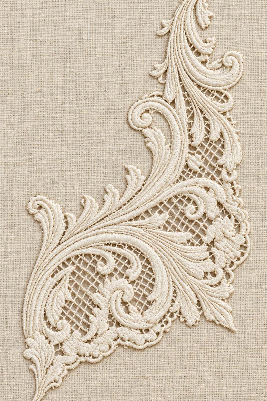 Warm ivory cotton acanthus cutwork corner with delicate diamond needlelace mesh and scalloped edges on pale oat linen.