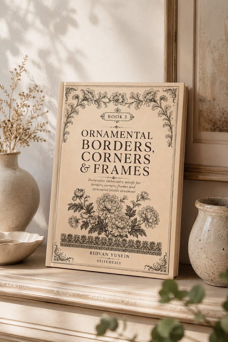 Ornamental Borders, Corners and Frames, Edition Three cover in soft window light beside a ceramic vase.