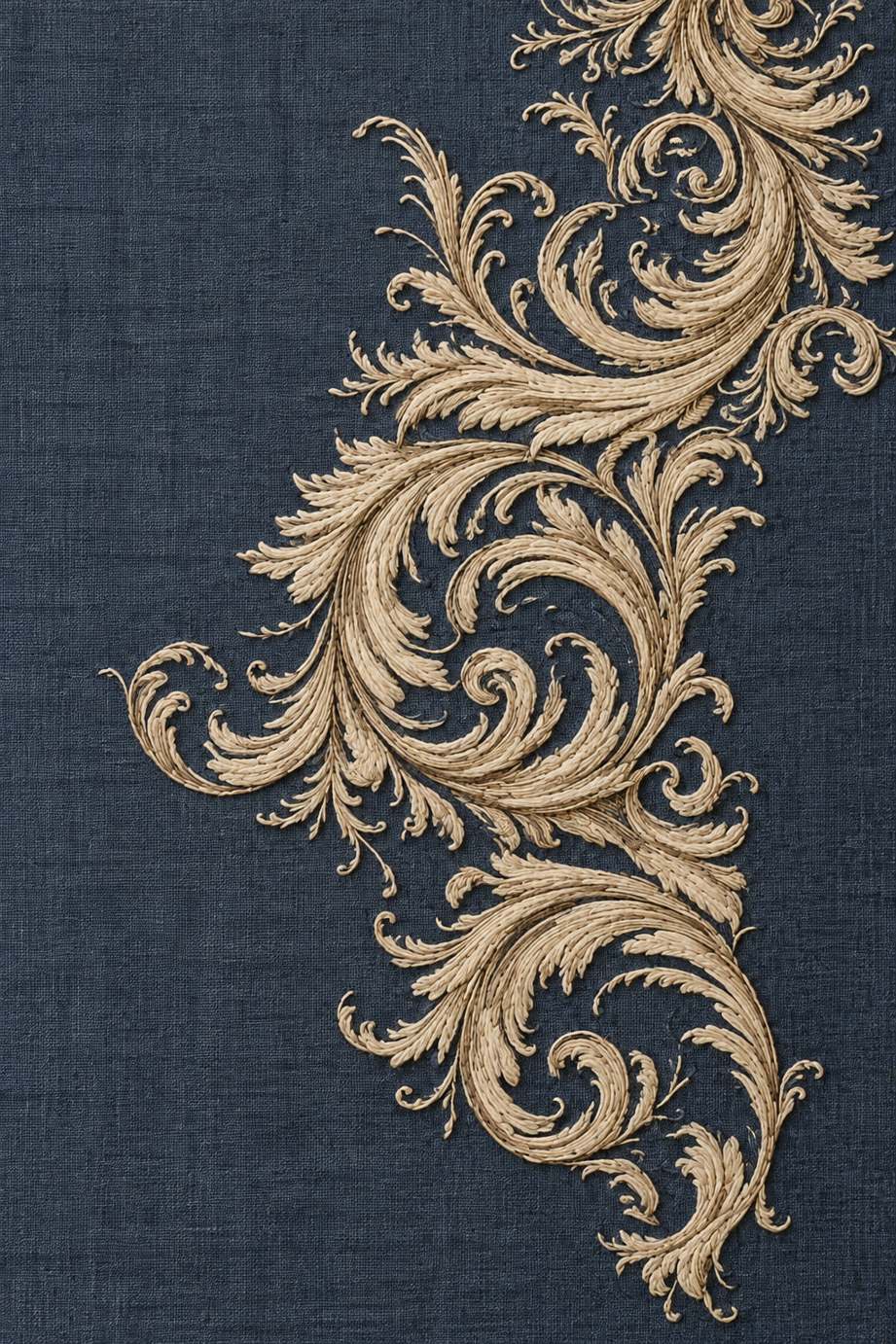 Fine ivory and oat cotton cascading acanthus scroll border with curled tendrils embroidered on smoky indigo linen.