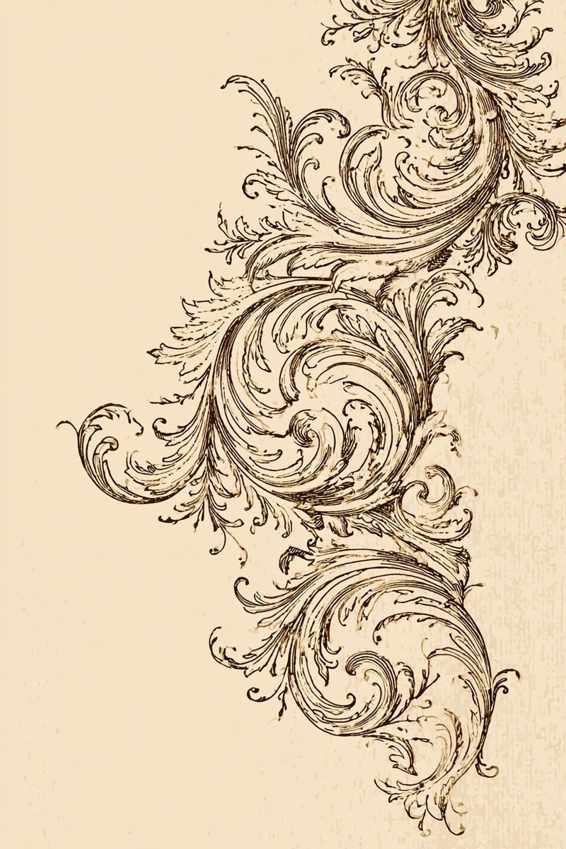 Drawing of a dense vertical acanthus scroll border with curling leaf lobes.