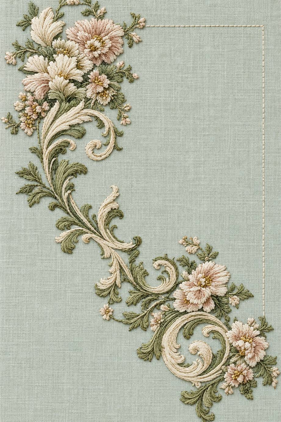 Ivory and pale blush flowers joined by sage and ivory acanthus filigree along a corner panel on pale celadon linen.