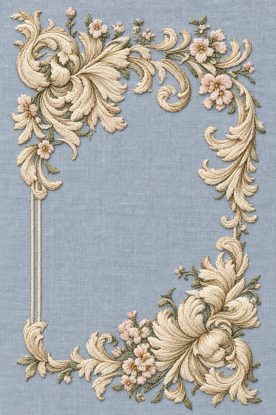 Ivory and oat cotton rectangular acanthus scroll frame with pale blush flowers and sage stems on powder blue linen.