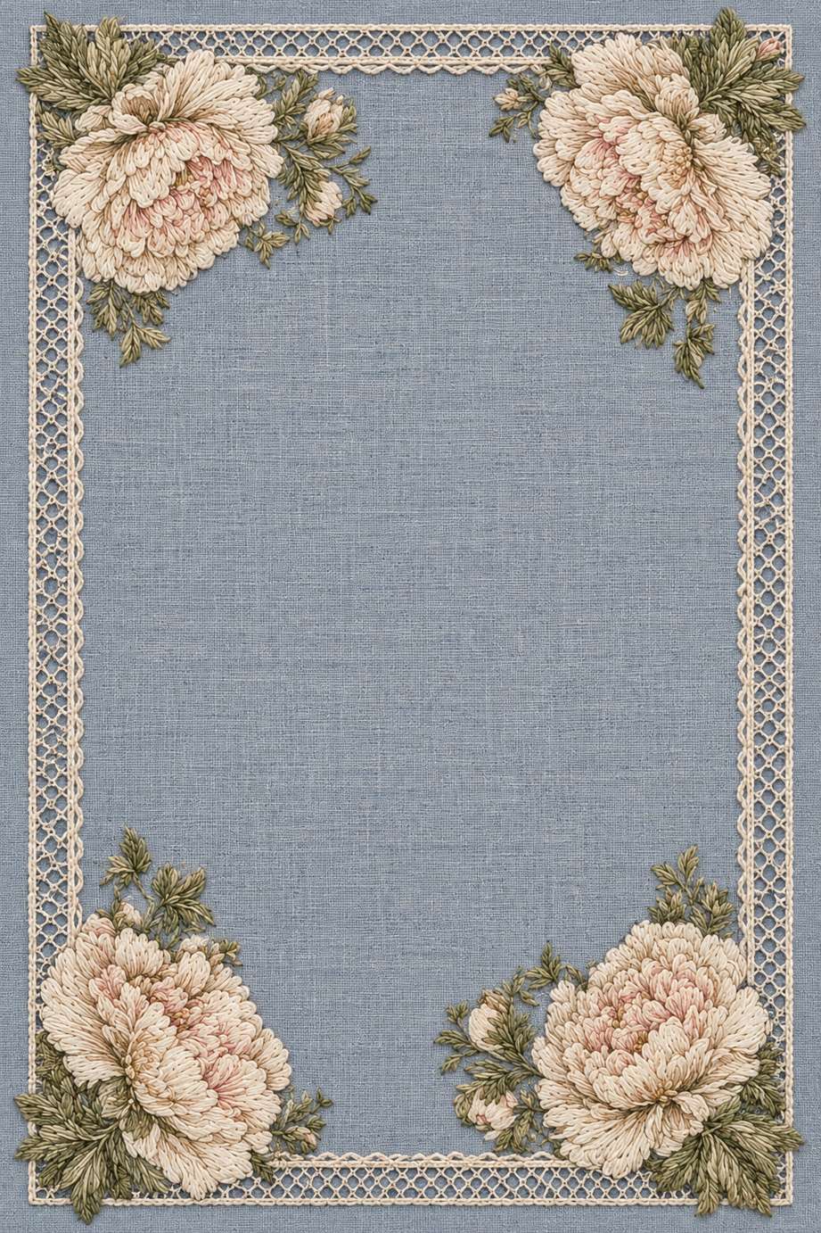 Rectangular ivory needlelace frame with layered ivory and pale blush flowers and sage foliage at four corners on smoky blue linen.
