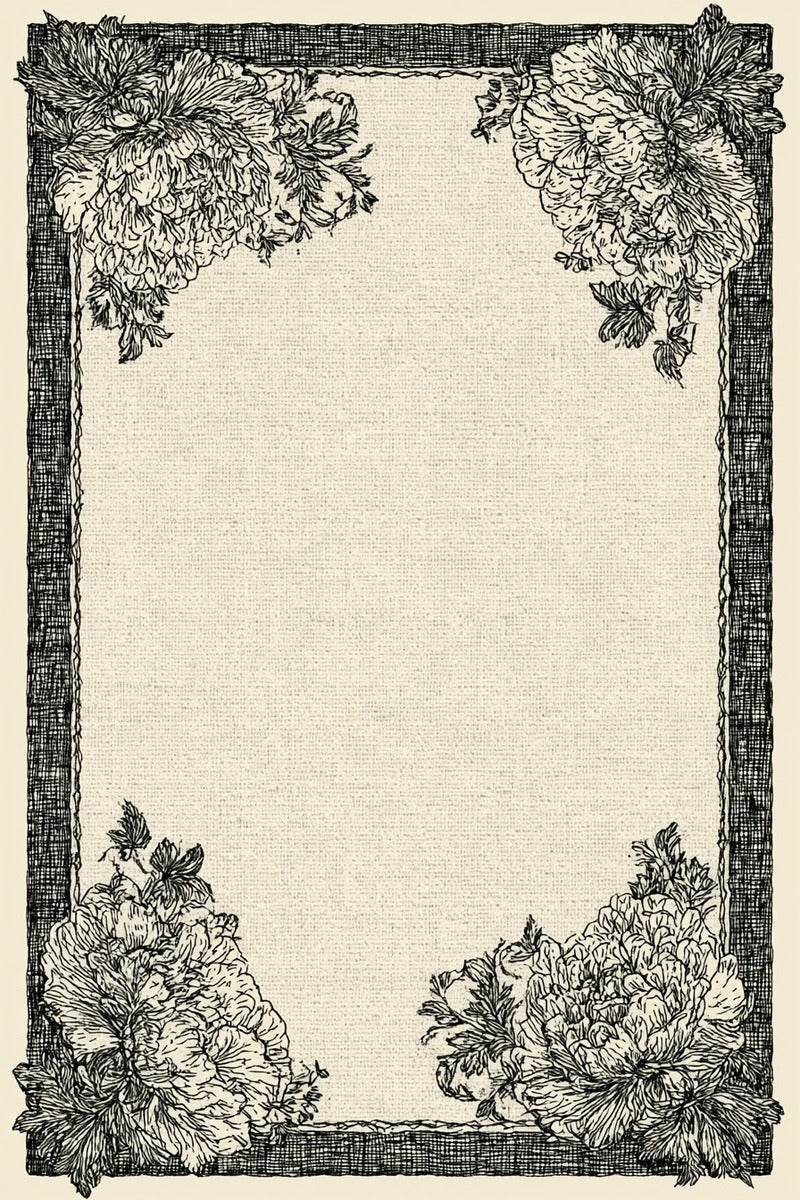 Drawing of a rectangular lace frame with floral corner clusters and fine borders.