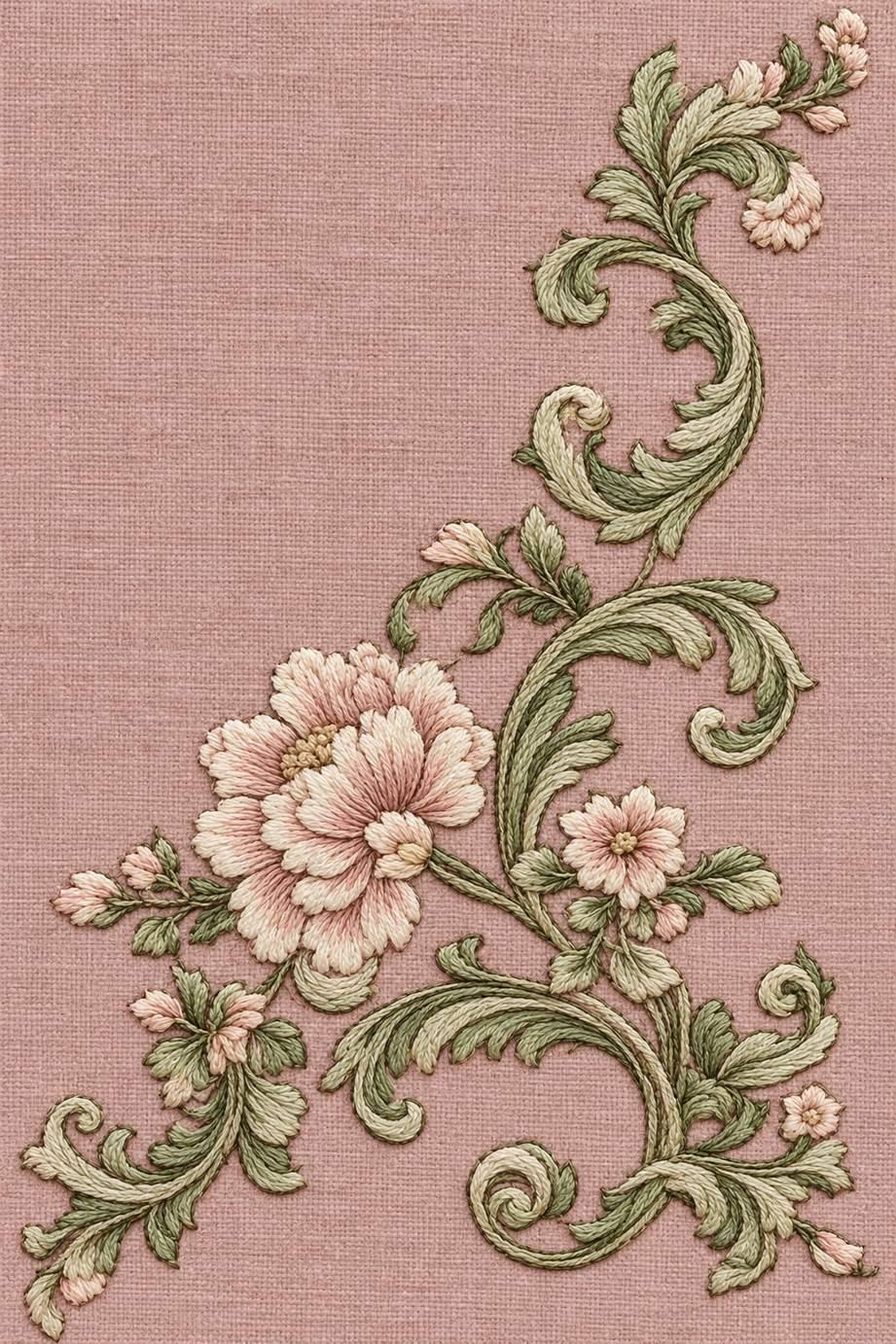 Ivory and pale blush cotton flowers within flowing sage and olive acanthus scrolls on dusty rose linen.