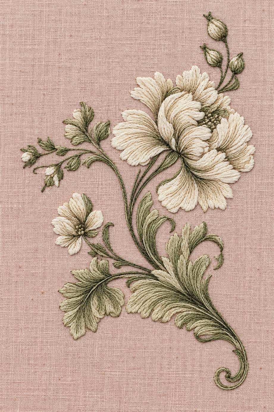 Ivory cotton flower and buds with sage acanthus leaves and a curling stem embroidered on pale dusty rose linen.