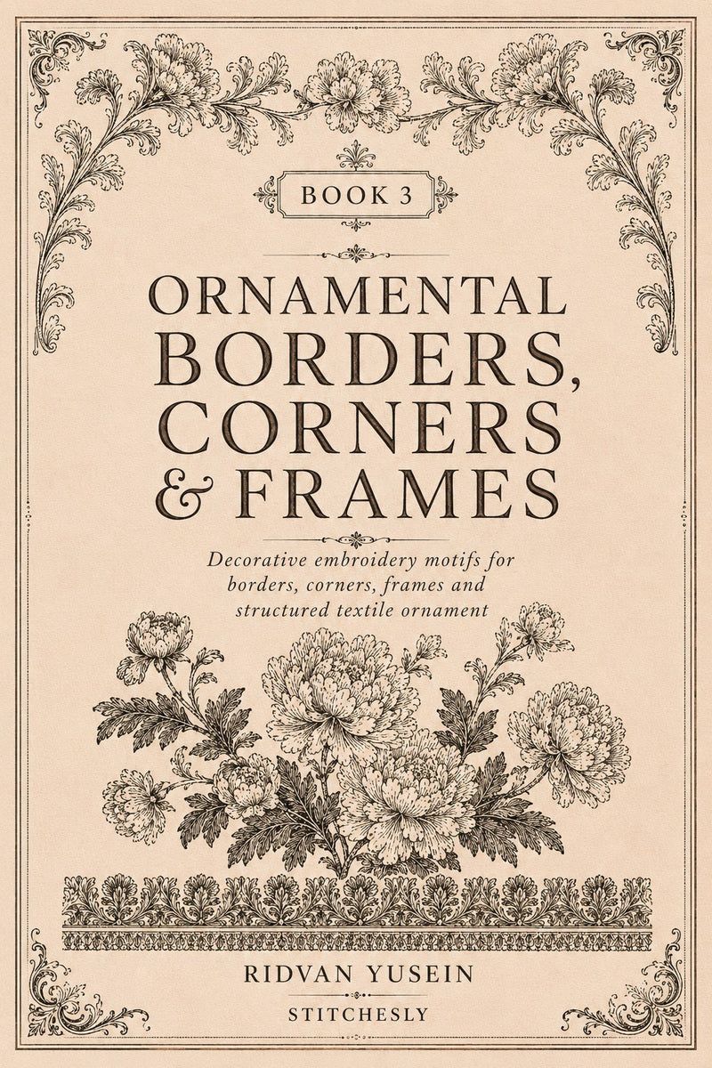 Front cover of Ornamental Borders, Corners and Frames, Edition Three digital PDF embroidery book.