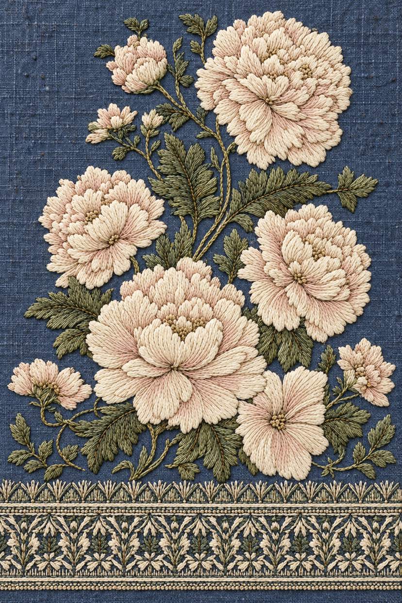 Layered ivory and pale blush cotton flowers with olive foliage above a fine decorative edge band on smoky indigo linen.